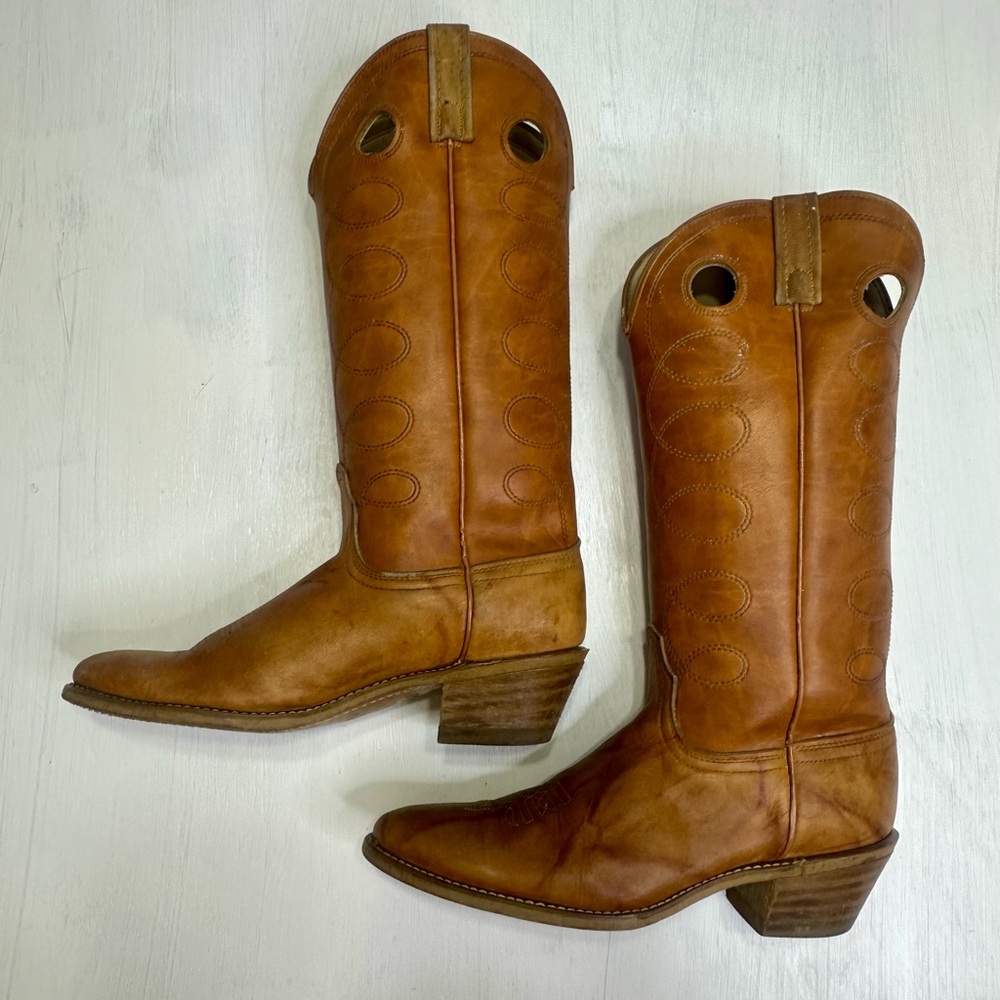 Vintage Acme Cowboy Boots Tan Leather USA Women 9.5C Narrow Western Tall - Picture 4 of 16